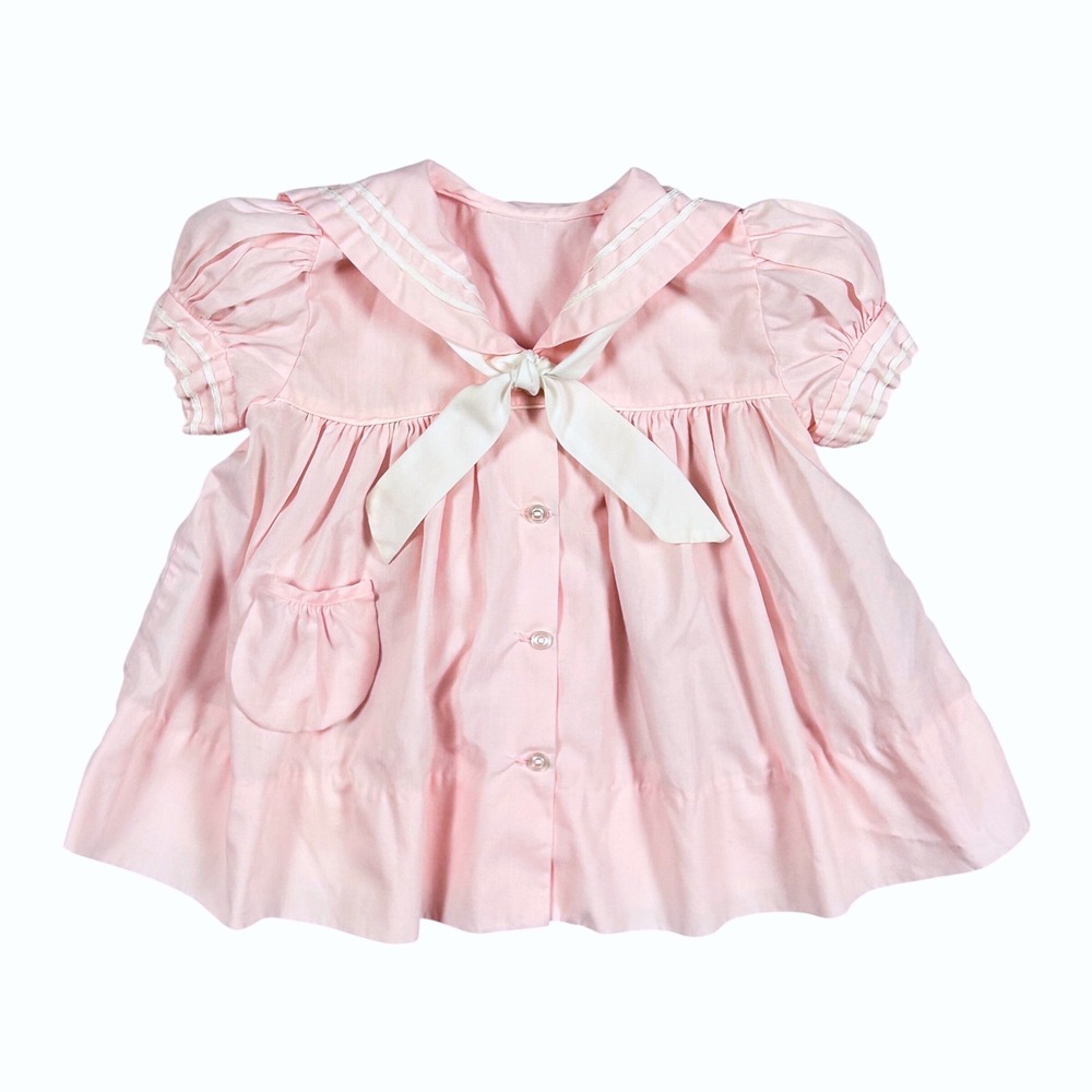 Vintage Baby Girl Sailor Collar Dress Pink Cotton Puff Sleeve Bow Coquette 6-9M